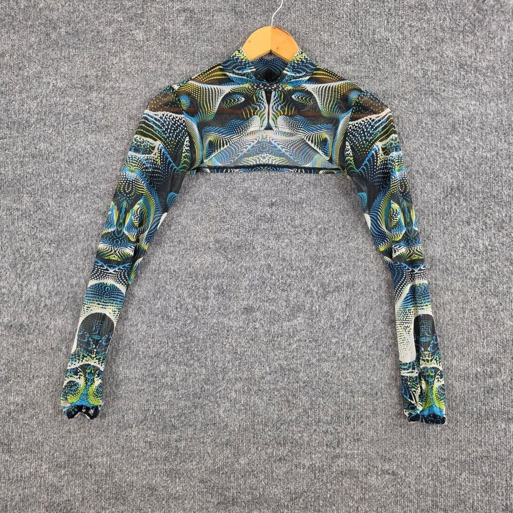 Badinka Top Large Blue Vapor Trance Mesh Shrug Geometric Long Sleeve Rave Y2K